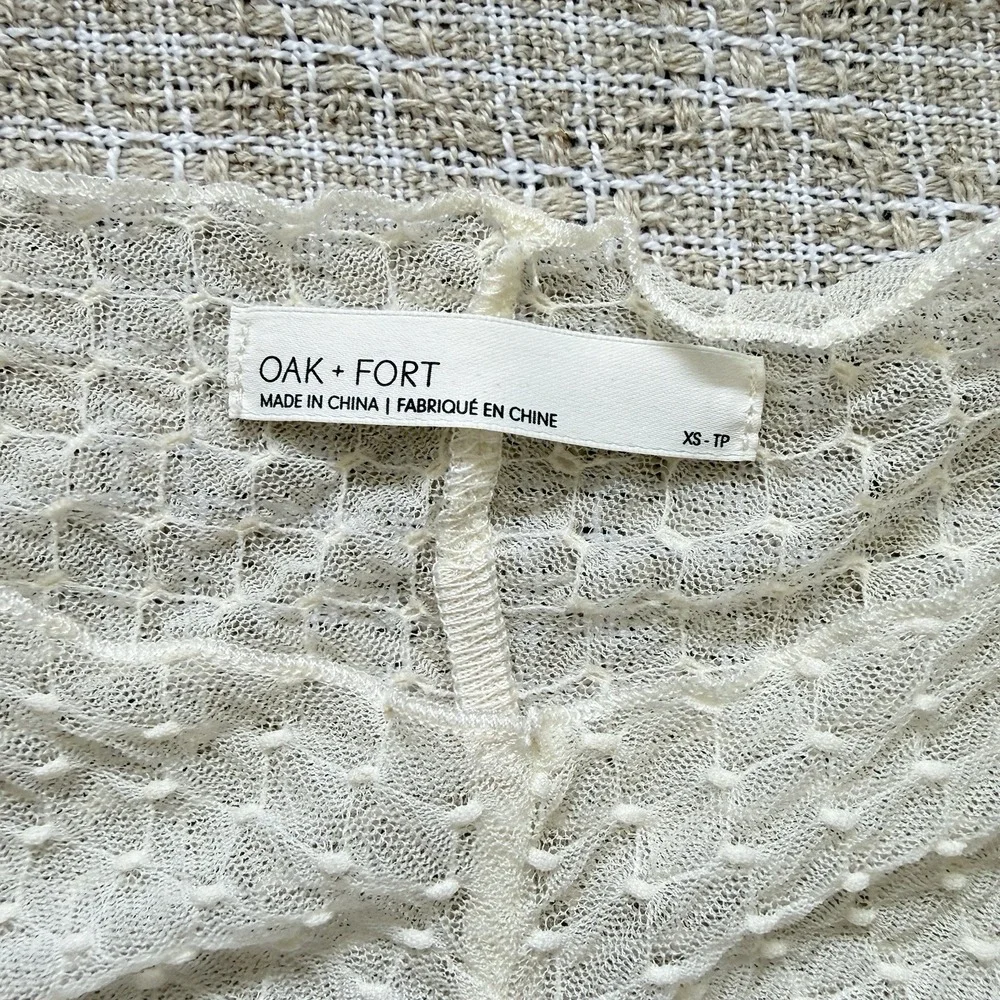 Oak + Fort Sheer Cream Mesh Long Sleeve Top XS/S Ruched Sleeve Boho Fairy Preppy